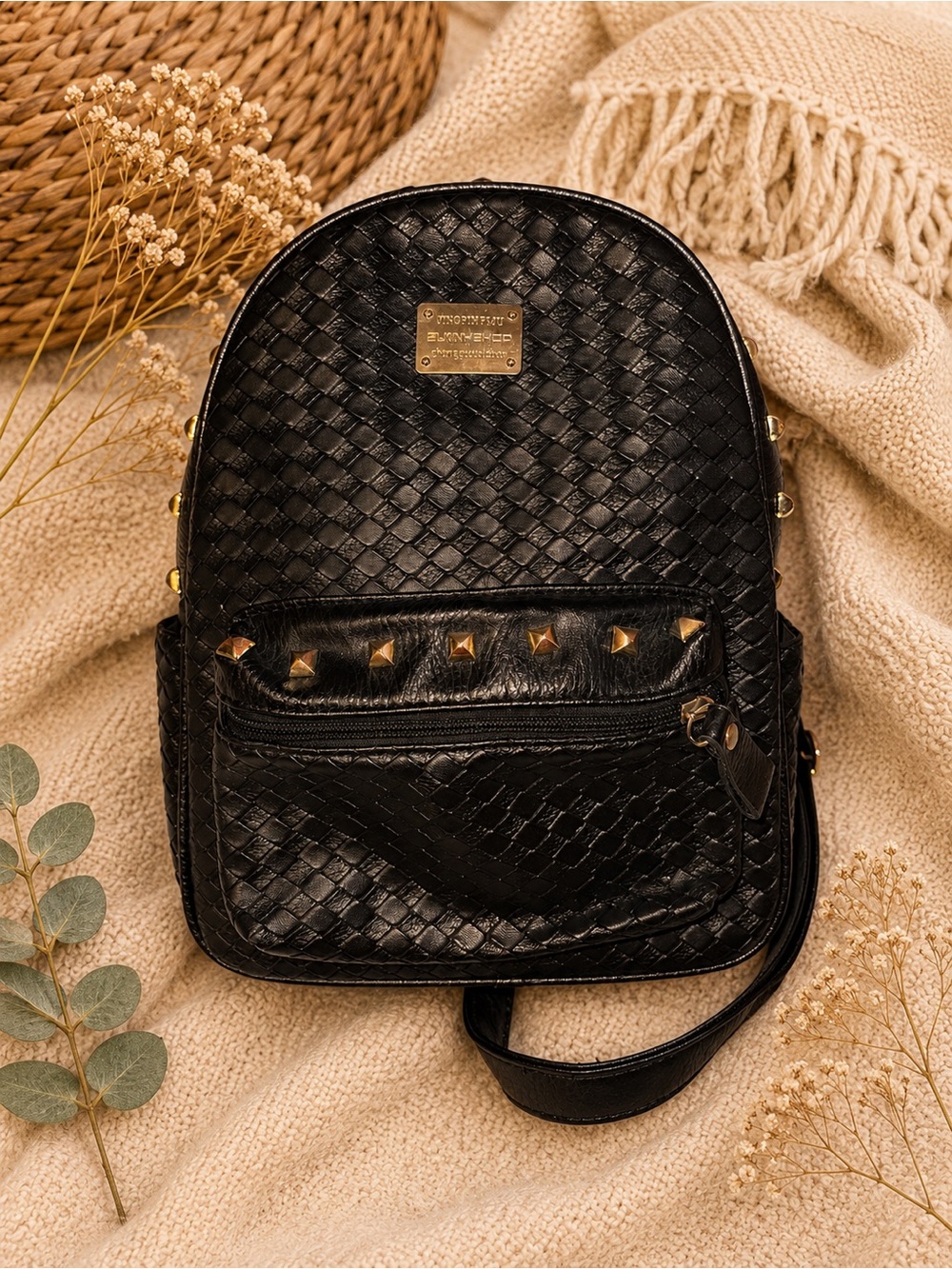 Black Woven Mini Backpack Studded Faux Leather Zip Casual BackBag